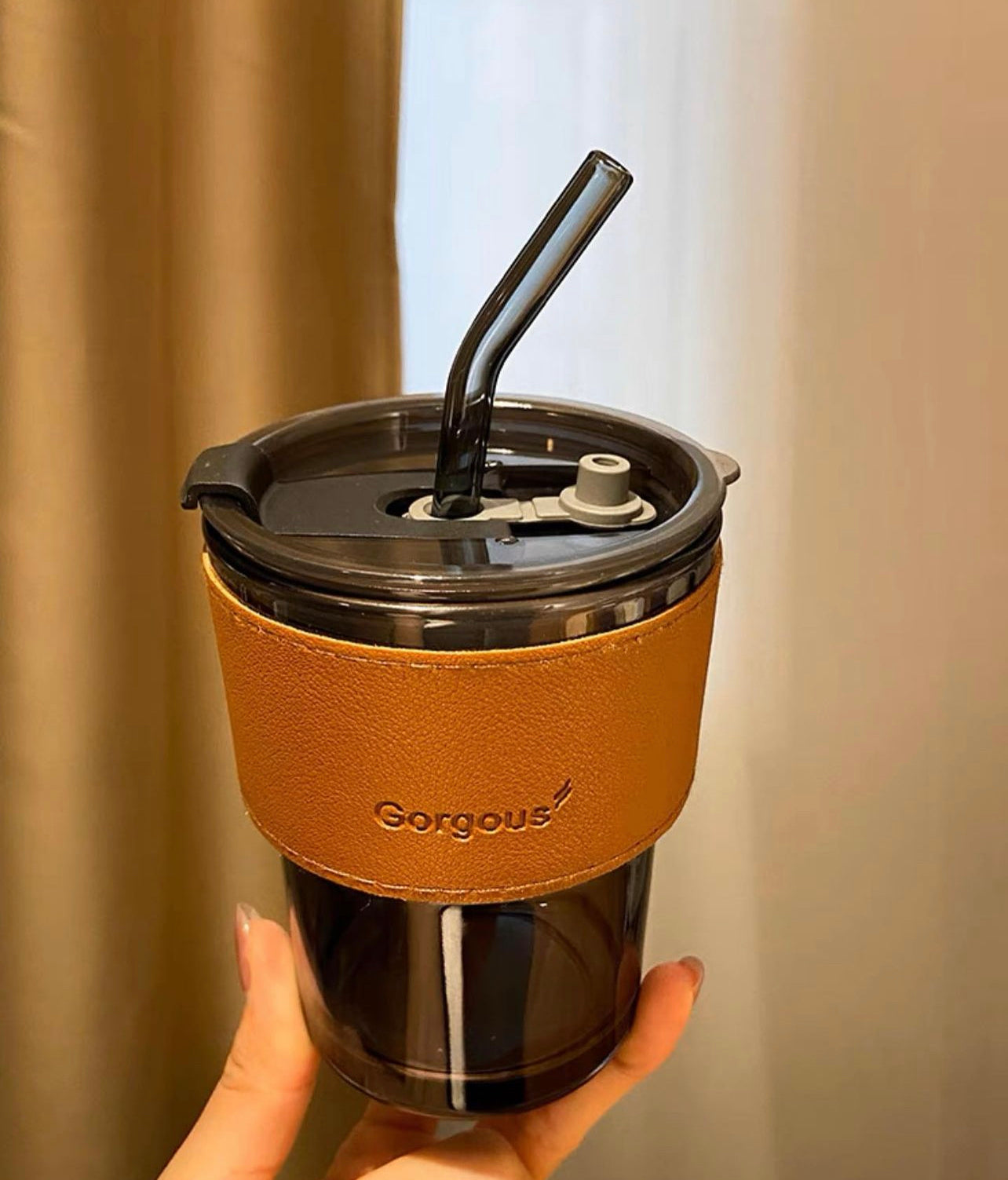 Leather Sleeve w/ glass tumbler & glass straw