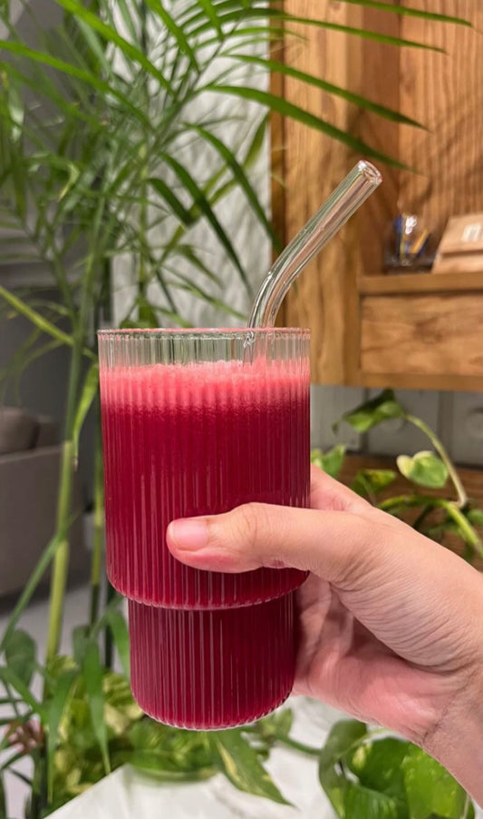 Set of 4 of 400 ML Ribbed Glass w/ Straw