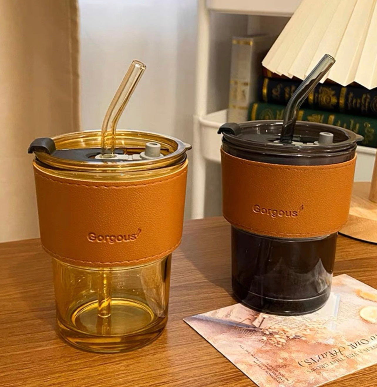 Leather Sleeve w/ glass tumbler & glass straw