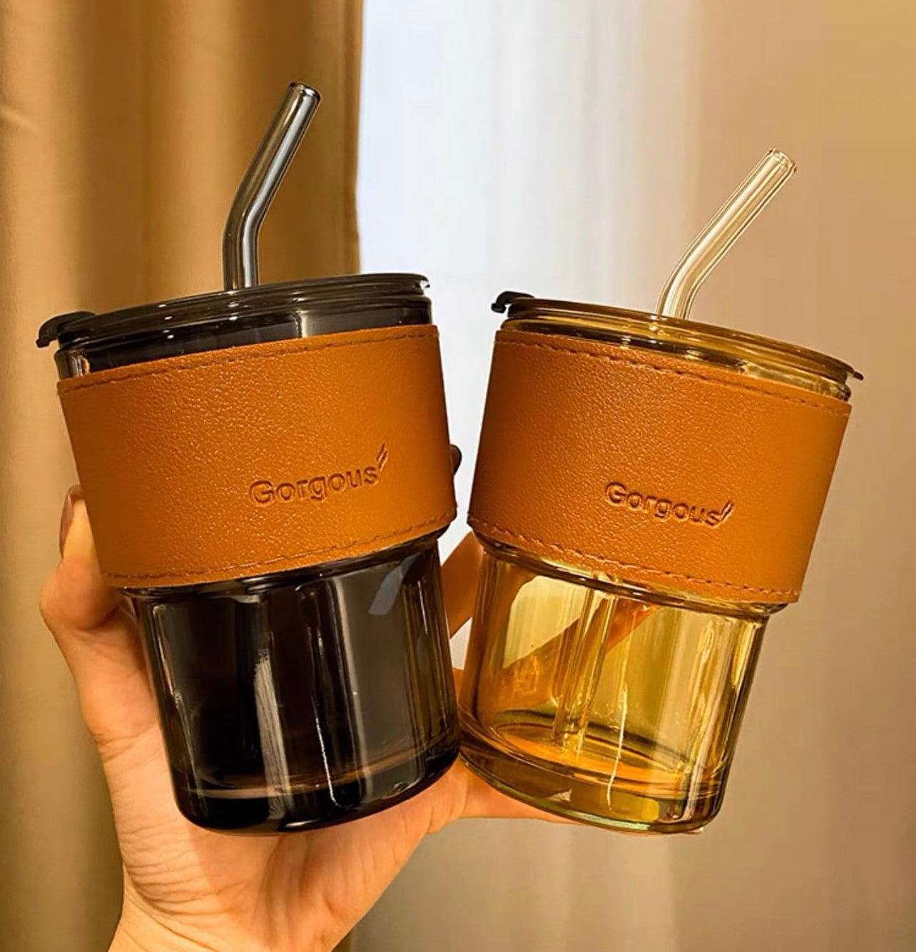 Leather Sleeve w/ glass tumbler & glass straw