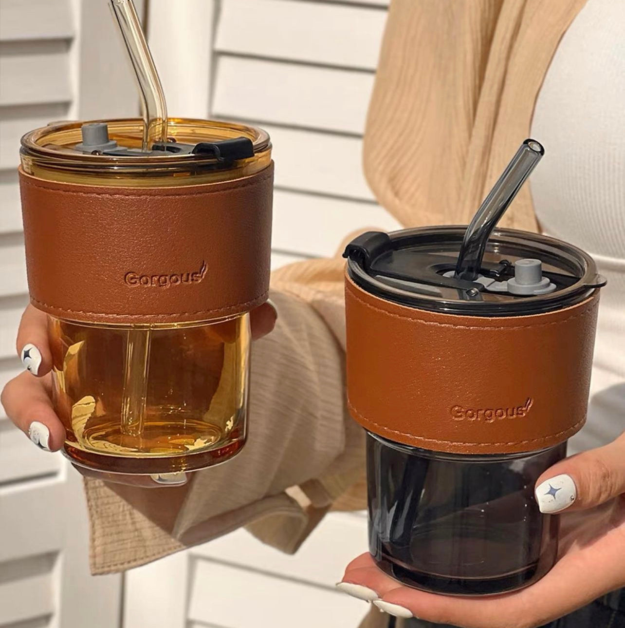Leather Sleeve w/ glass tumbler & glass straw